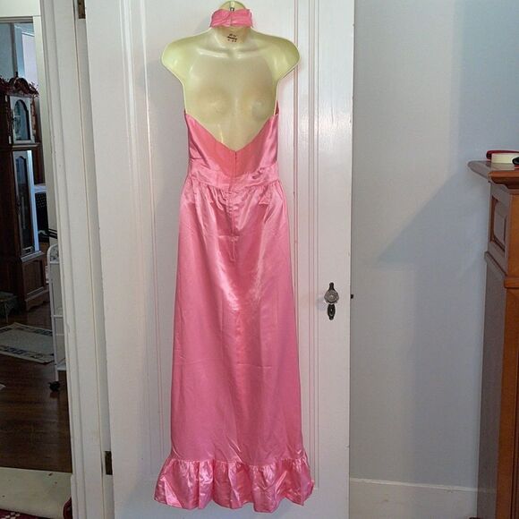 Vtg 70s pink satin halter ruffle neck party/prom dress with matching jacket - Picture 5 of 7